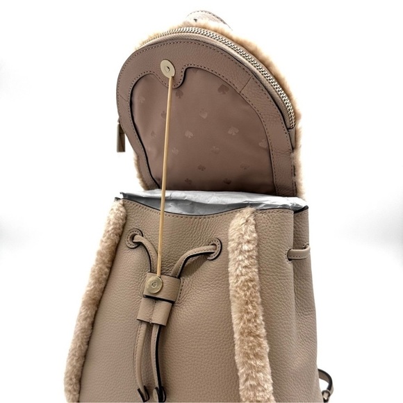 Kate Spade Medium Flap Fur Faux Shearling Backpack Tan - Picture 8 of 10